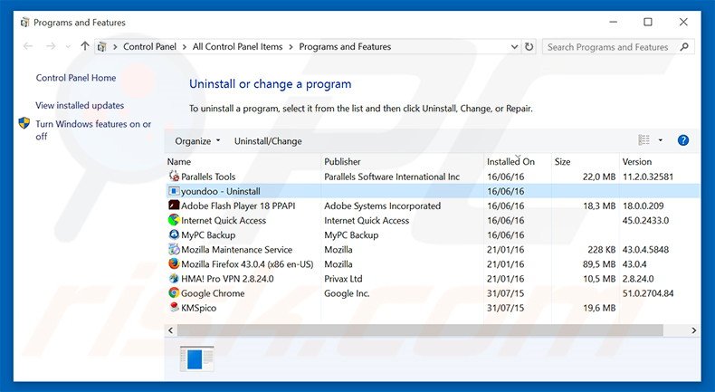 youndoo.com browser hijacker uninstall via Control Panel