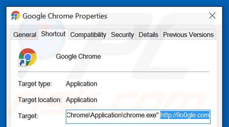 Removing 9o0gle.com from Google Chrome shortcut target step 2