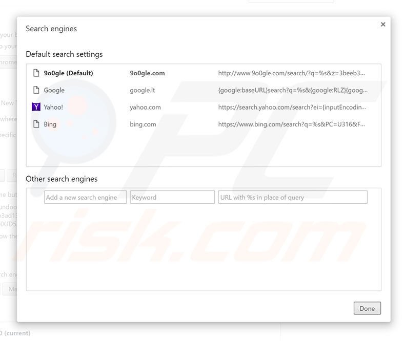 Removing 9o0gle.com from Google Chrome default search engine
