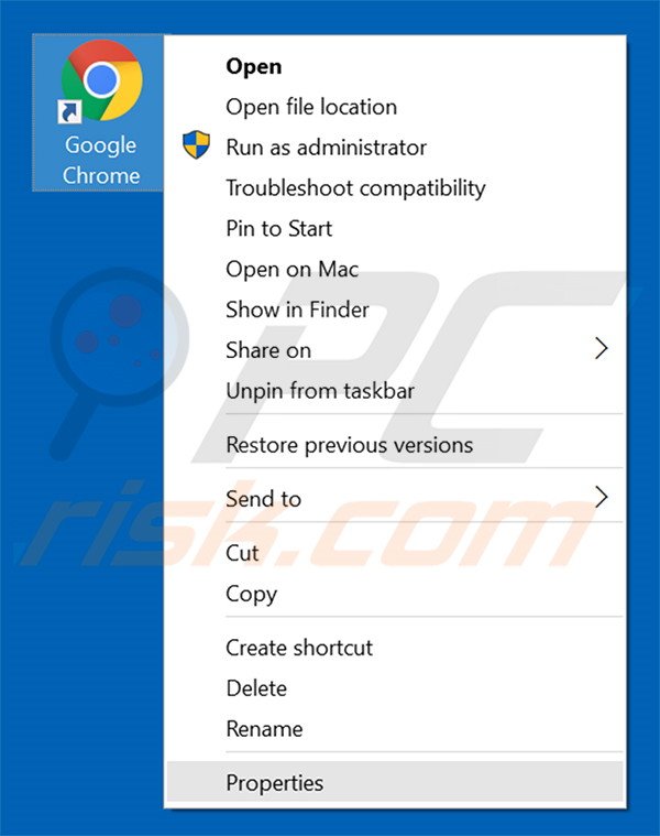 Removing safesurfs.net from Google Chrome shortcut target step 1