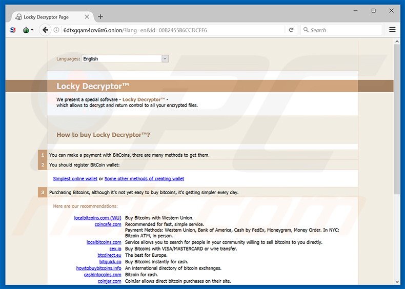 Zepto ransomware website (identical to Locky's)