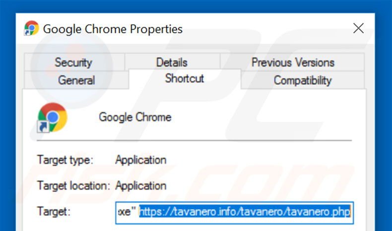 Removing tavanero.info from Google Chrome shortcut target step 2
