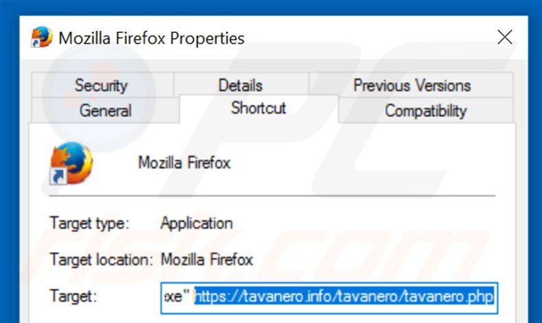 Removing tavanero.info from Mozilla Firefox shortcut target step 2