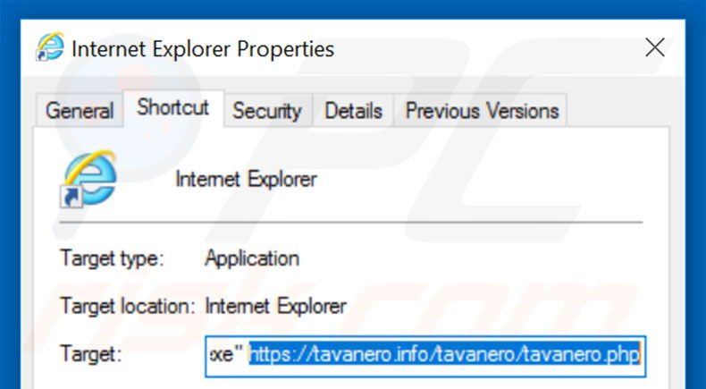 Removing tavanero.info from Internet Explorer shortcut target step 2