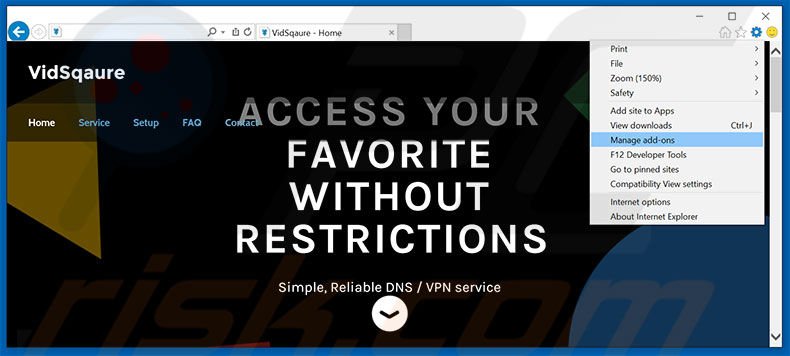 Removing VidSqaure ads from Internet Explorer step 1