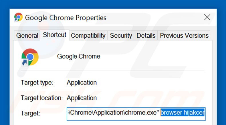 Removing go.mail.ru from Google Chrome shortcut target step 2