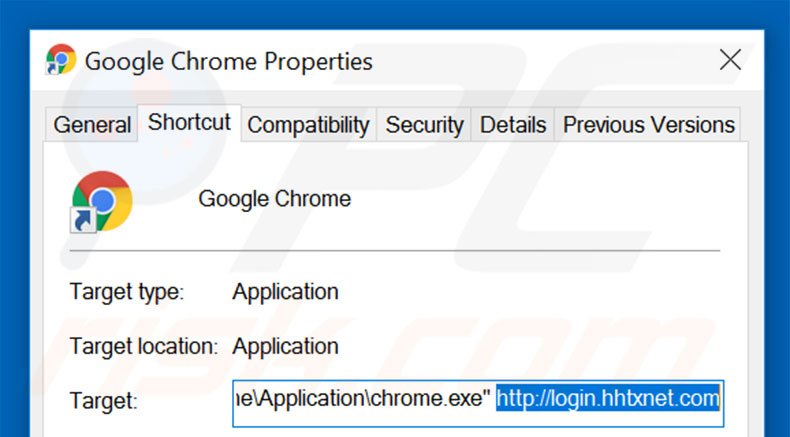 Removing login.hhtxnet.com from Google Chrome shortcut target step 2