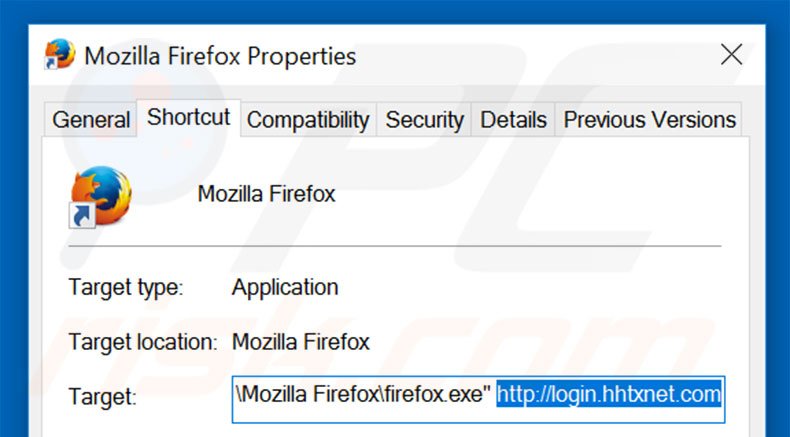 Removing login.hhtxnet.com from Mozilla Firefox shortcut target step 2