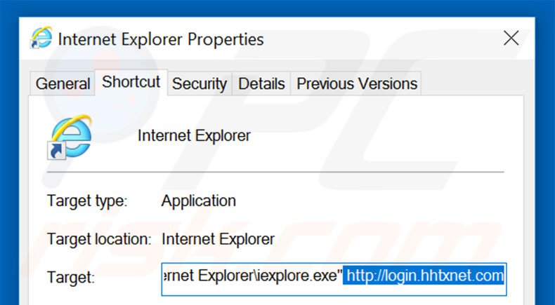 Removing login.hhtxnet.com from Internet Explorer shortcut target step 2