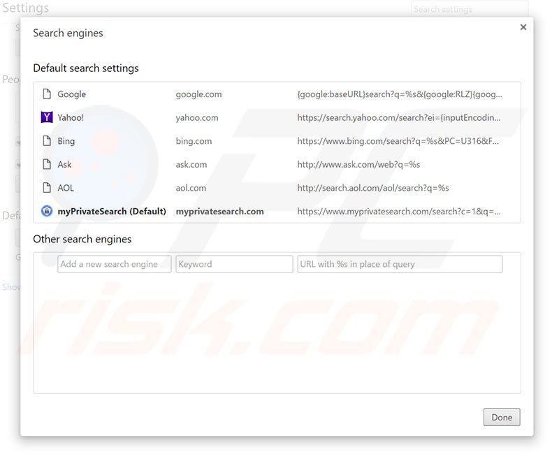 Entfernen von myprivatesearch.com als Standardsuchmaschine in Google Chrome