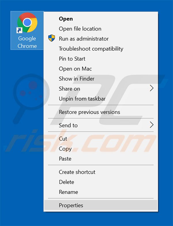 Removing searchdisk.de from Google Chrome shortcut target step 1