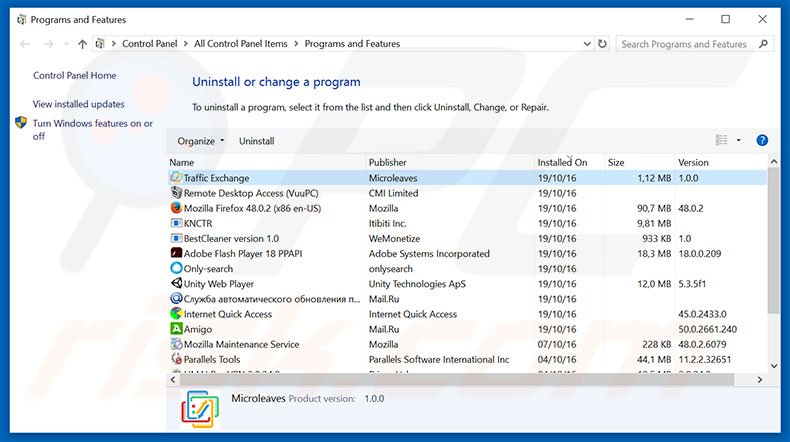 Traffic Exchange adware uninstall via Control Panel