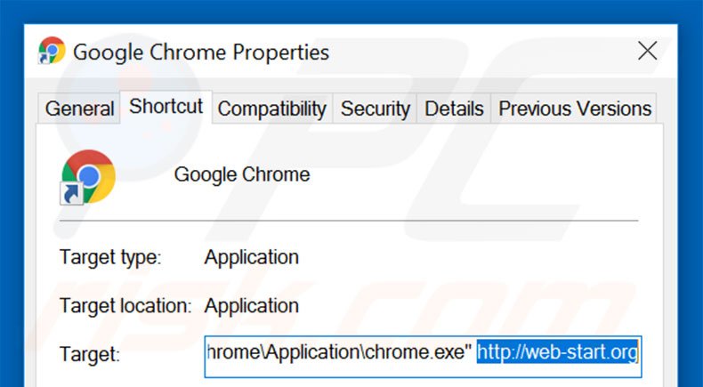 Removing web-start.org from Google Chrome shortcut target step 2