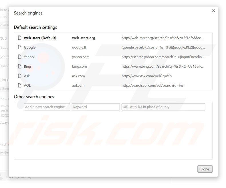 Removing web-start.org from Google Chrome default search engine