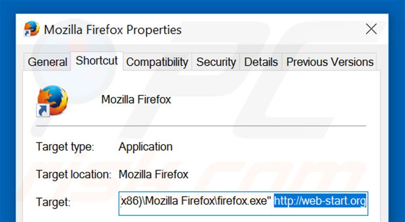 Removing web-start.org from Mozilla Firefox shortcut target step 2