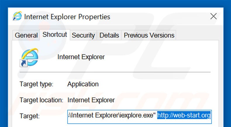 Removing web-start.org from Internet Explorer shortcut target step 2