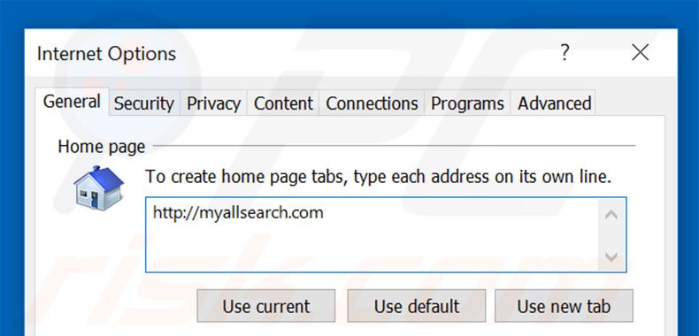 Removing myallsearch.com from Internet Explorer homepage