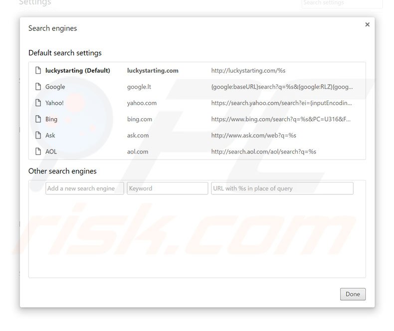 Removing luckystarting.com from Google Chrome default search engine