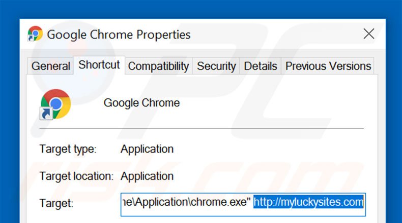 Removing myluckysites.com from Google Chrome shortcut target step 2