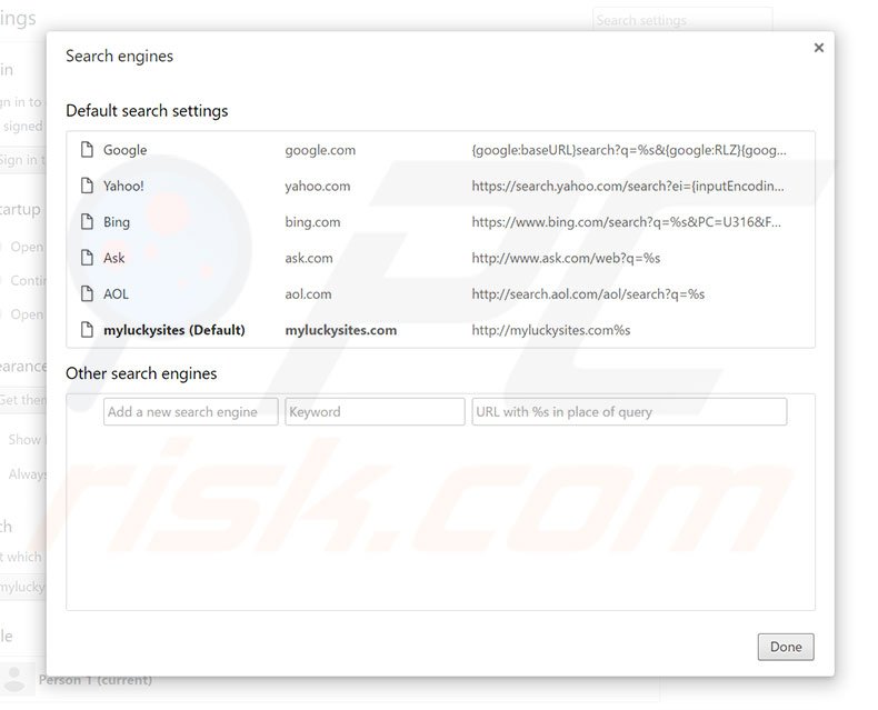 Removing myluckysites.com from Google Chrome default search engine