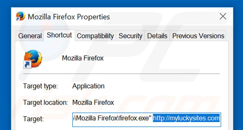 Removing myluckysites.com from Mozilla Firefox shortcut target step 2