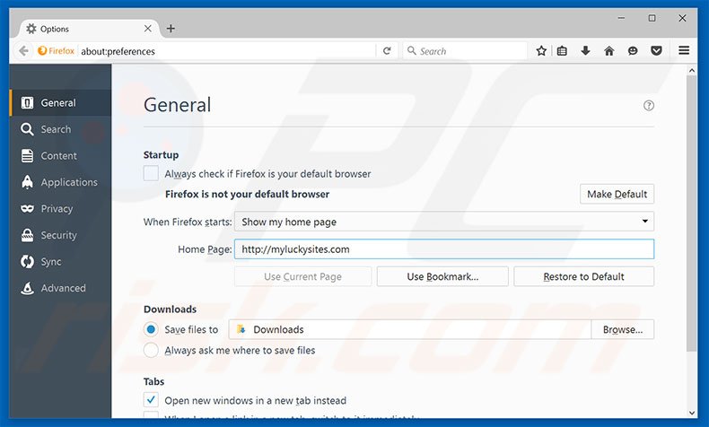 Removing myluckysites.com from Mozilla Firefox homepage