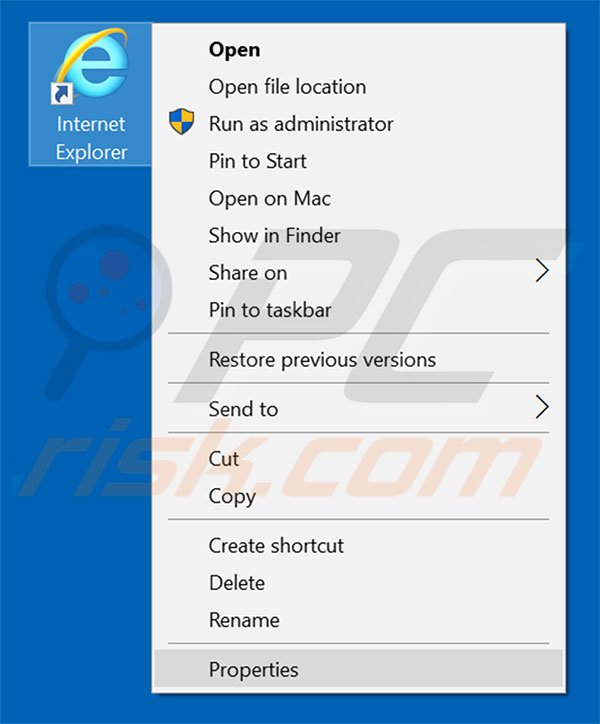 Removing myluckysites.com from Internet Explorer shortcut target step 1