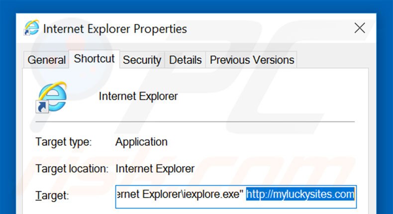 Removing myluckysites.com from Internet Explorer shortcut target step 2
