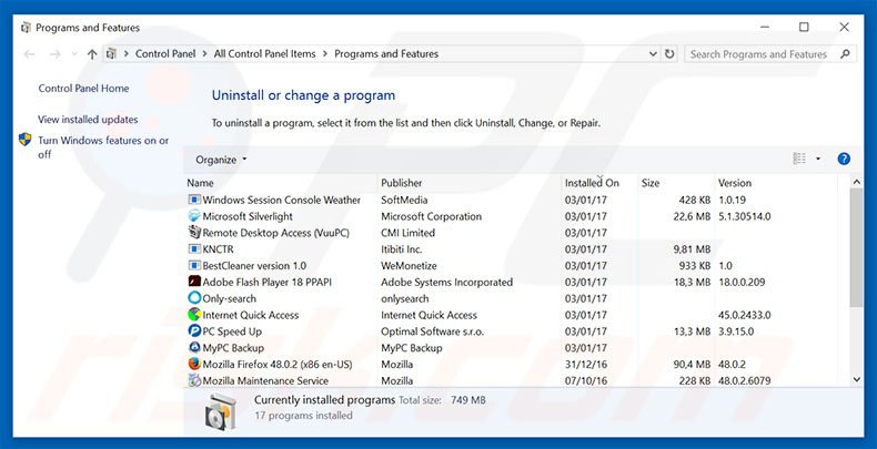 myluckysites.com browser hijacker uninstall via Control Panel