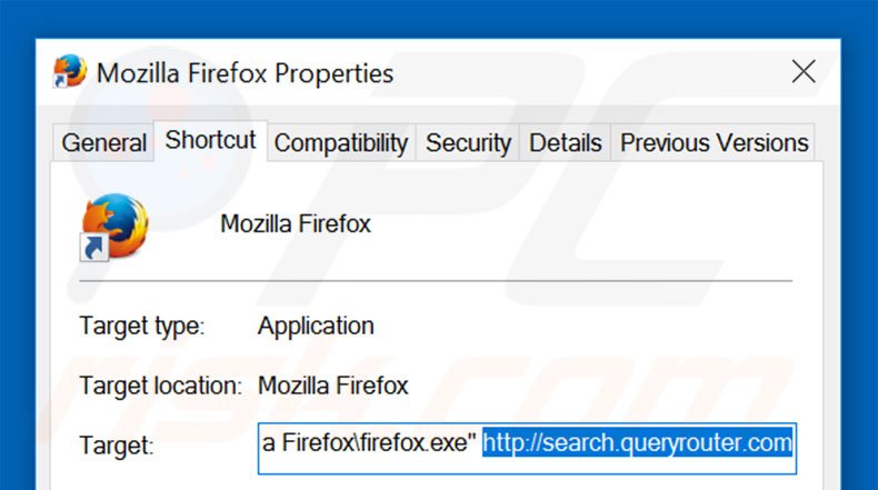 Removing search.queryrouter.com from Mozilla Firefox shortcut target step 2