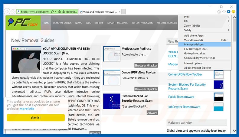 Removing Wizzcaster ads from Internet Explorer step 1