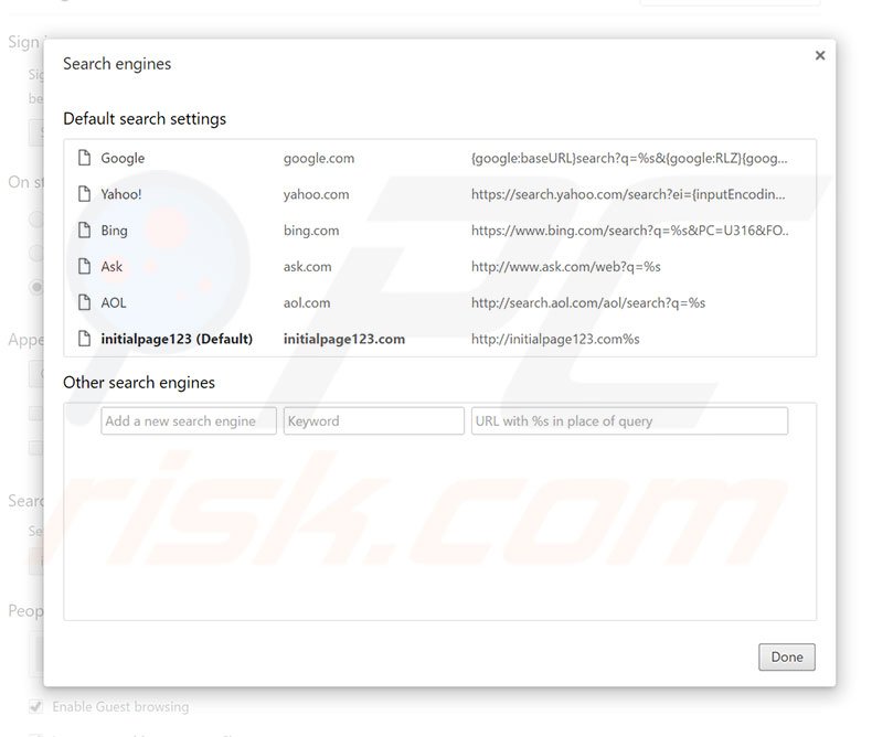 Removing initialpage123.com from Google Chrome default search engine