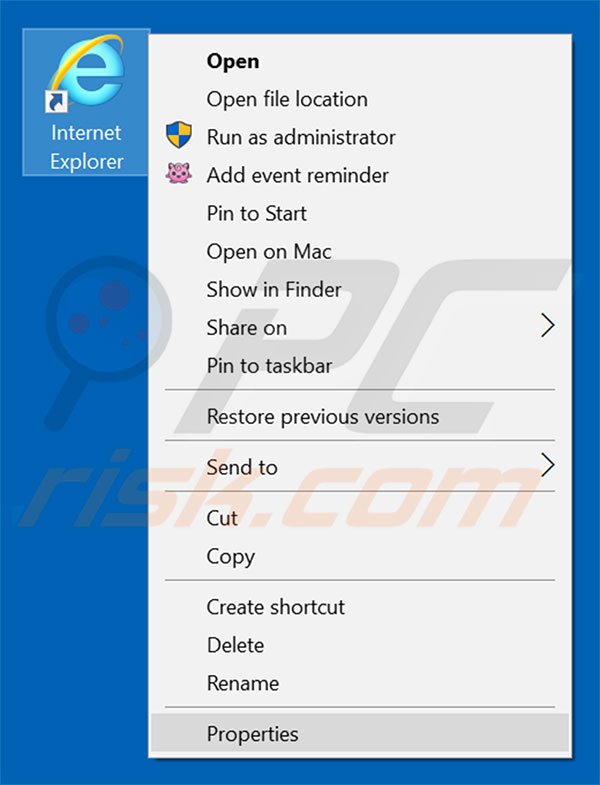 Removing initialpage123.com from Internet Explorer shortcut target step 1