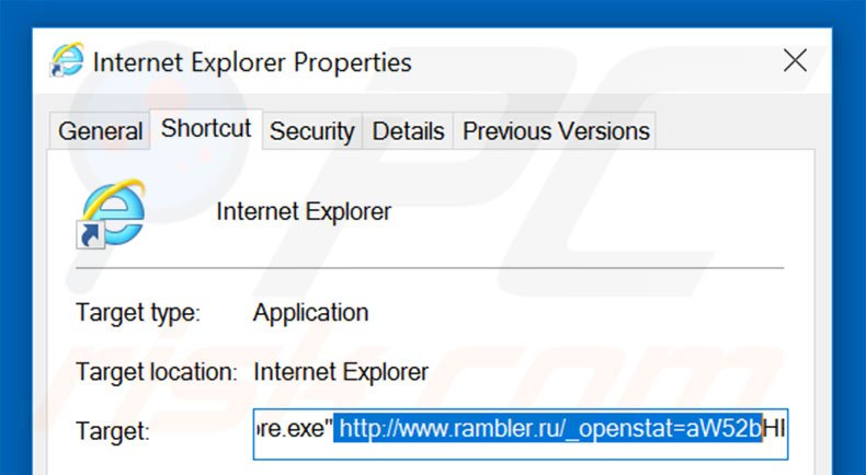 Removing rambler.ru from Internet Explorer shortcut target step 2