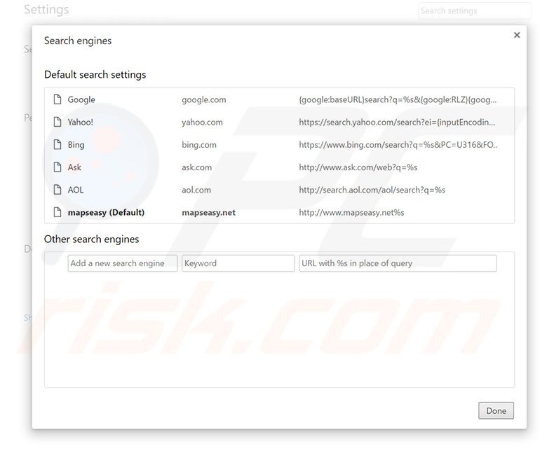 Removing mapseasy.net from Google Chrome default search engine