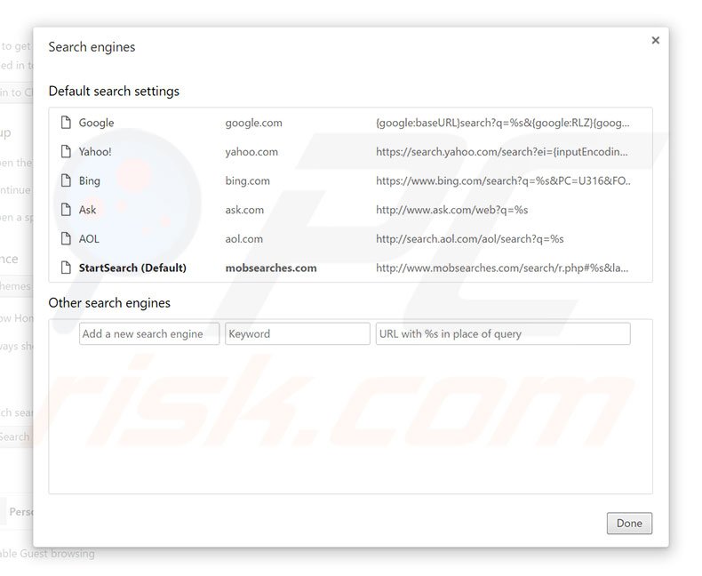 Removing mobsearches.com from Google Chrome default search engine