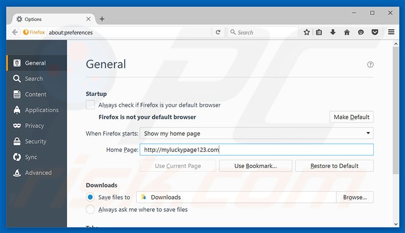 Removing myluckypage123.com from Mozilla Firefox homepage