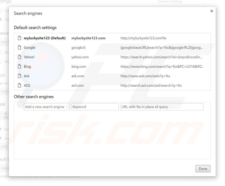 Removing myluckysite123.com from Google Chrome default search engine