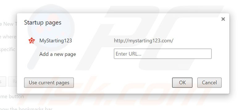 Removing mystarting123.com from Google Chrome homepage