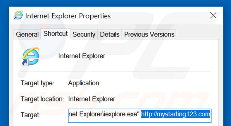 Removing mystarting123.com from Internet Explorer shortcut target step 2