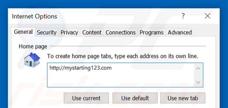 Removing mystarting123.com from Internet Explorer homepage