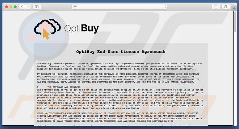 OptiBuy adware's website's terms and conditions