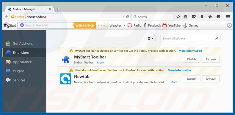 Removing searchdimension.com related Mozilla Firefox extensions
