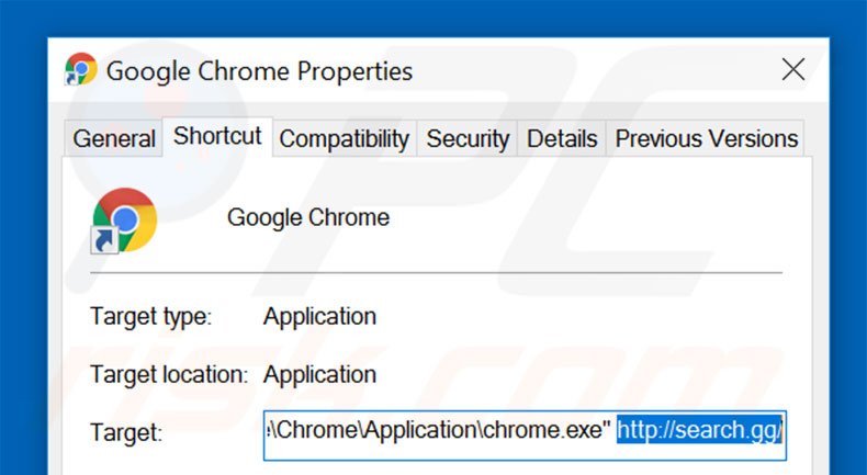 Removing search.gg from Google Chrome shortcut target step 2