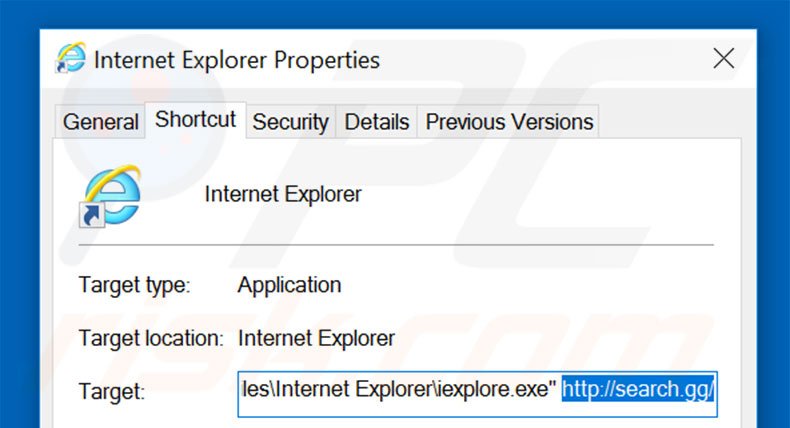 Removing search.gg from Internet Explorer shortcut target step 2