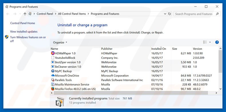 Windows Defender Alert adware uninstall via Control Panel