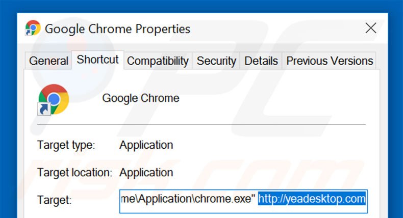 Removing yeadesktop.com from Google Chrome shortcut target step 2