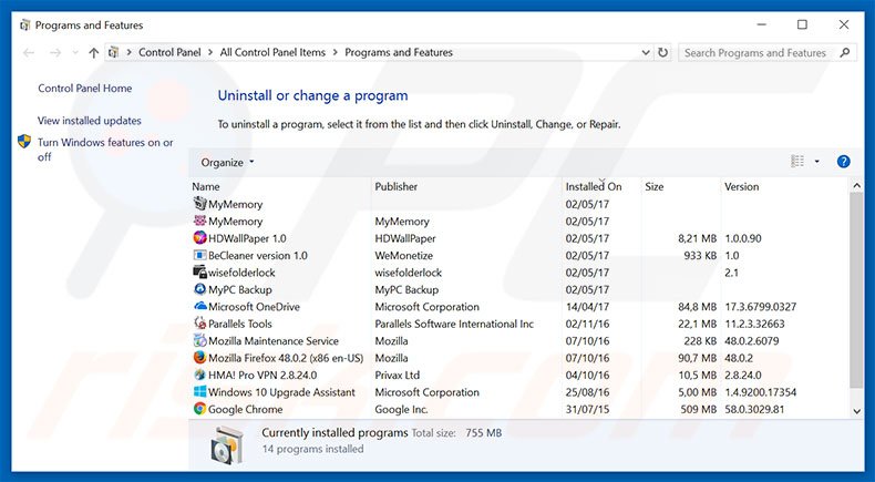 yeadesktop.com browser hijacker uninstall via Control Panel