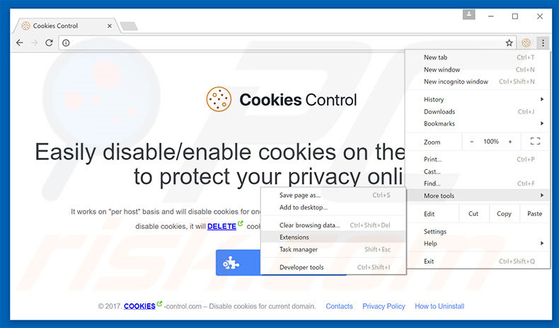 Removing Cookies Control  ads from Google Chrome step 1