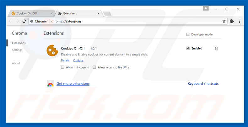 Removing Cookies On-Off ads from Google Chrome step 2